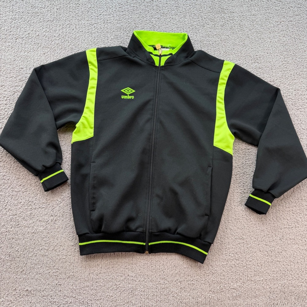 Vintage Umbro Men Track Jacket Black Neon Lime Green Embroidered Logo Size M